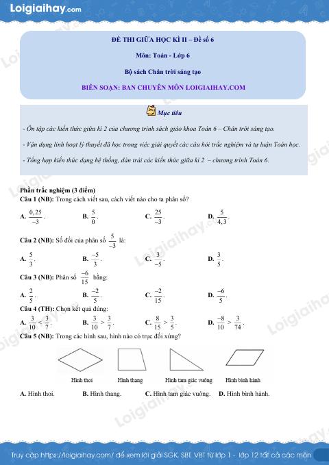 Đề thi giữa kì 2 Toán 6 Chân trời sáng tạo - Đề số 6